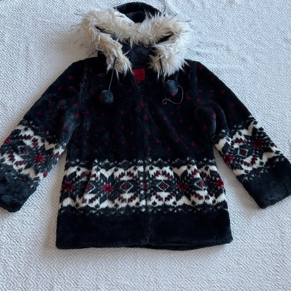Black Mountain Cozy Black and Red Faux Fur Hooded Puffer Jacket Sz S